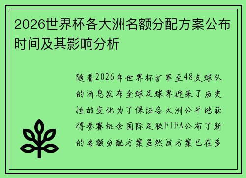 2026世界杯各大洲名额分配方案公布时间及其影响分析